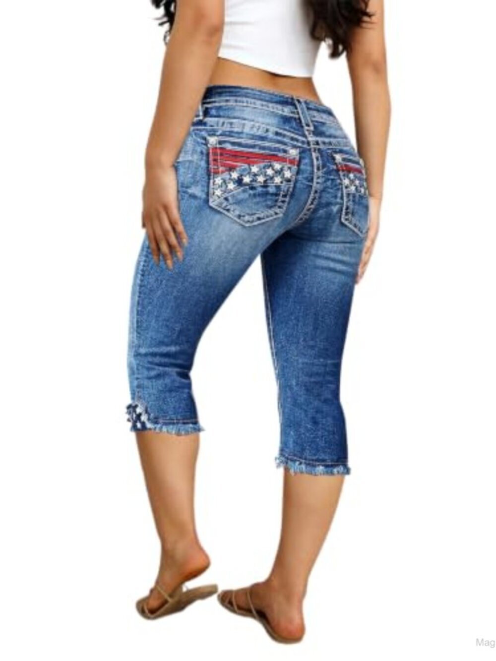 Mid Waist Capri Denim Jeans for Women Stretch Cotton Skinny Raw Hem